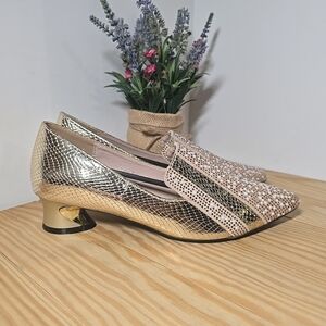 Womens Pointed Toe Gold Snakeskin  Pumps Heels Shoes Size 8.5 NIB